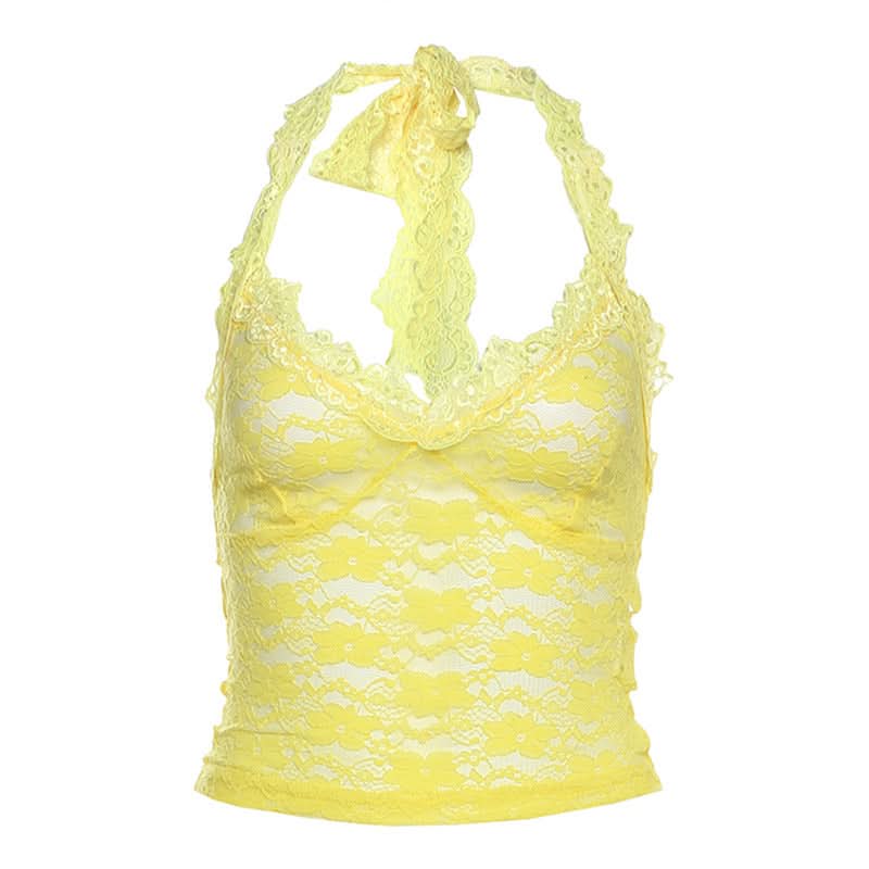 Head-Turning Azure Lace Halter Top - Trendy V-Neck Tie for Fall Nights & Y2K Style