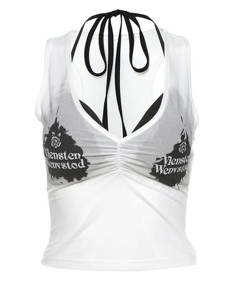 Y2K Vibes Sheer Graphic Crop Top & Halter Bralette Set – Trendy 2-Piece Fall Essential