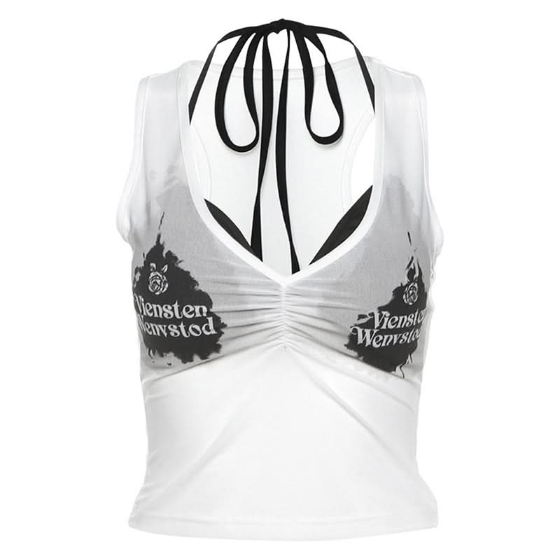 Y2K Vibes Sheer Graphic Crop Top & Halter Bralette Set – Trendy 2-Piece Fall Essential