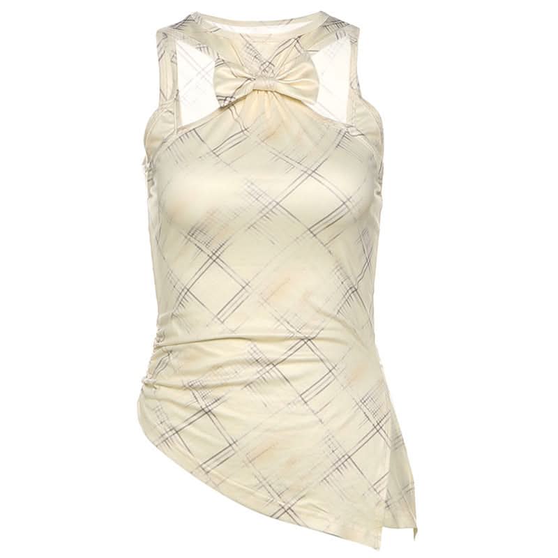 Modern Plaid Bowknot Cut-Out Tank Top - Chic Asymmetrical Fall Style for Women