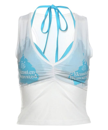 Y2K Vibes Sheer Graphic Crop Top & Halter Bralette Set – Trendy 2-Piece Fall Essential