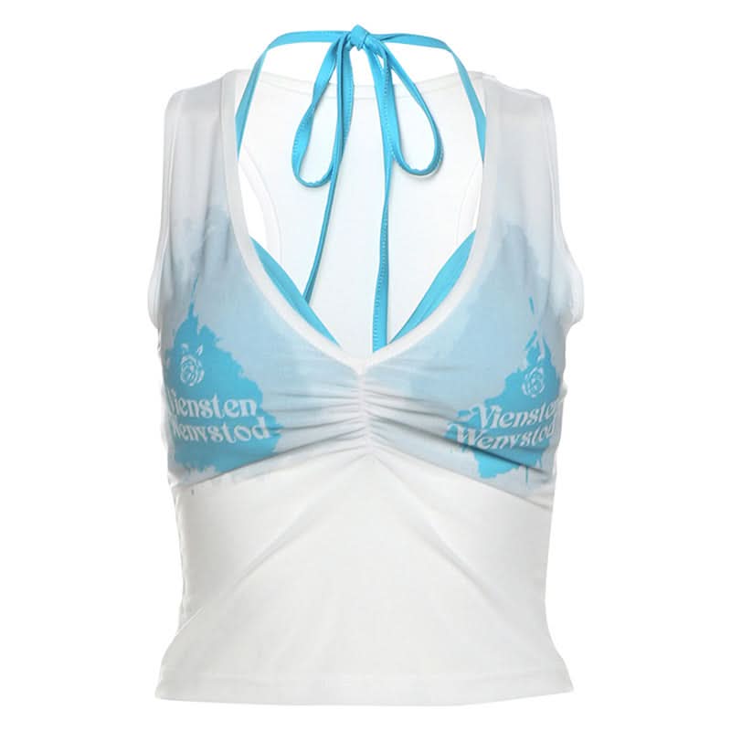 Y2K Vibes Sheer Graphic Crop Top & Halter Bralette Set – Trendy 2-Piece Fall Essential