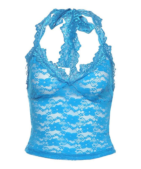 Head-Turning Azure Lace Halter Top - Trendy V-Neck Tie for Fall Nights & Y2K Style