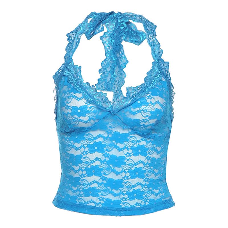 Head-Turning Azure Lace Halter Top - Trendy V-Neck Tie for Fall Nights & Y2K Style