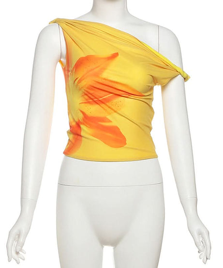 Vibrant Yellow Floral One-Shoulder Top for Women – Your Fall Getaway Essential