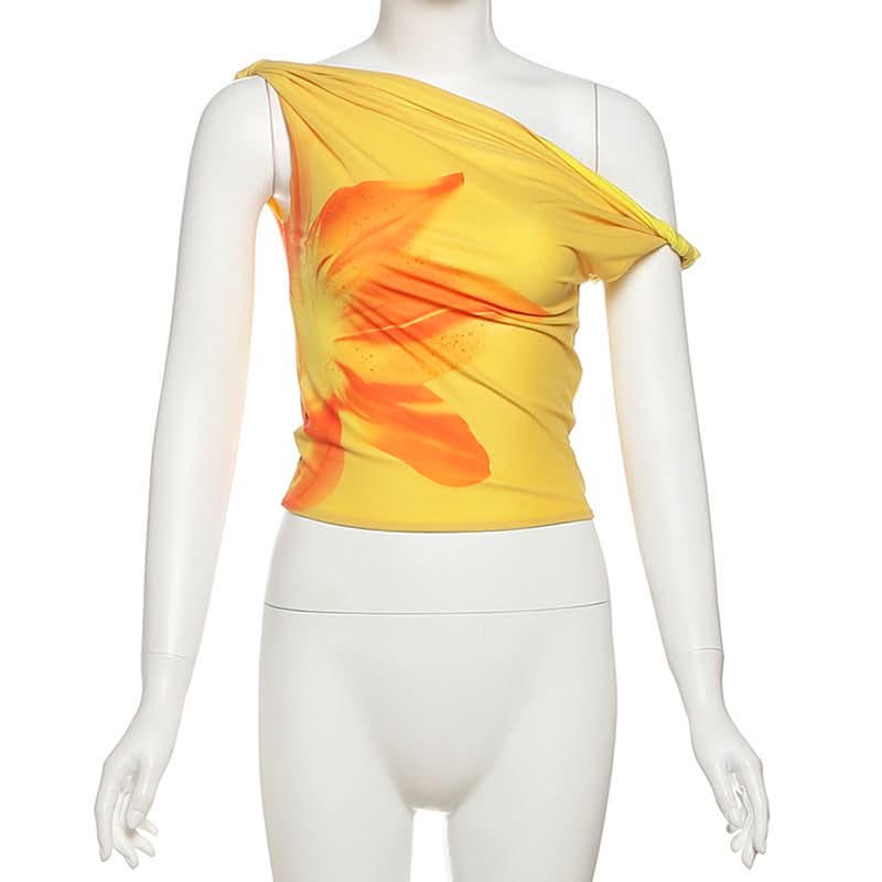 Vibrant Yellow Floral One-Shoulder Top for Women – Your Fall Getaway Essential