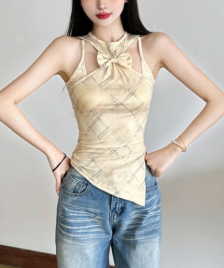 Modern Plaid Bowknot Cut-Out Tank Top - Chic Asymmetrical Fall Style for Women