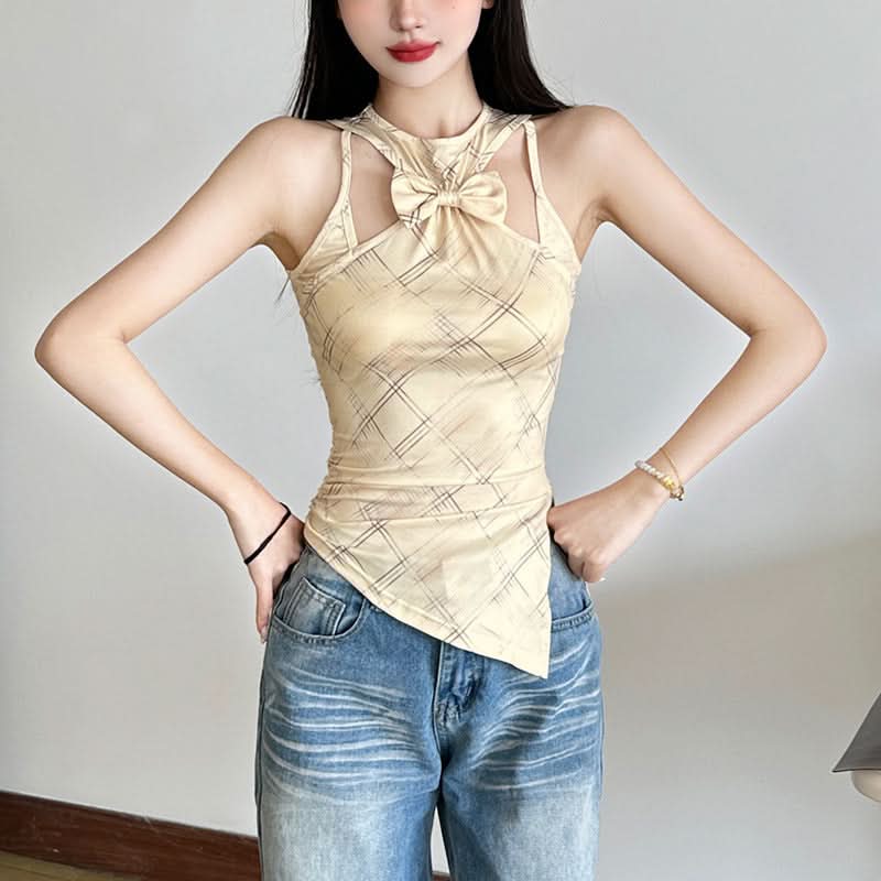 Modern Plaid Bowknot Cut-Out Tank Top - Chic Asymmetrical Fall Style for Women