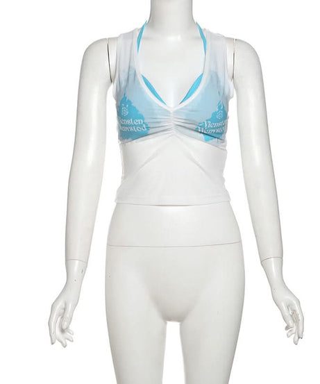 Y2K Vibes Sheer Graphic Crop Top & Halter Bralette Set – Trendy 2-Piece Fall Essential