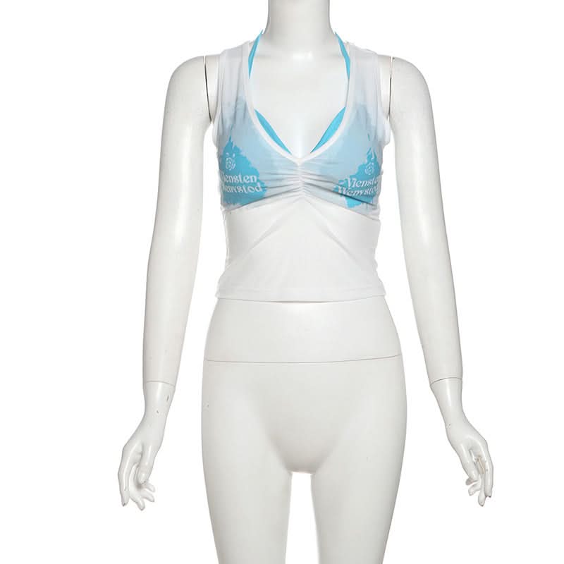 Y2K Vibes Sheer Graphic Crop Top & Halter Bralette Set – Trendy 2-Piece Fall Essential