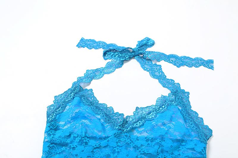 Head-Turning Azure Lace Halter Top - Trendy V-Neck Tie for Fall Nights & Y2K Style