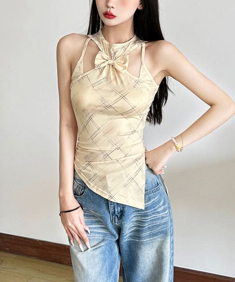 Modern Plaid Bowknot Cut-Out Tank Top - Chic Asymmetrical Fall Style for Women
