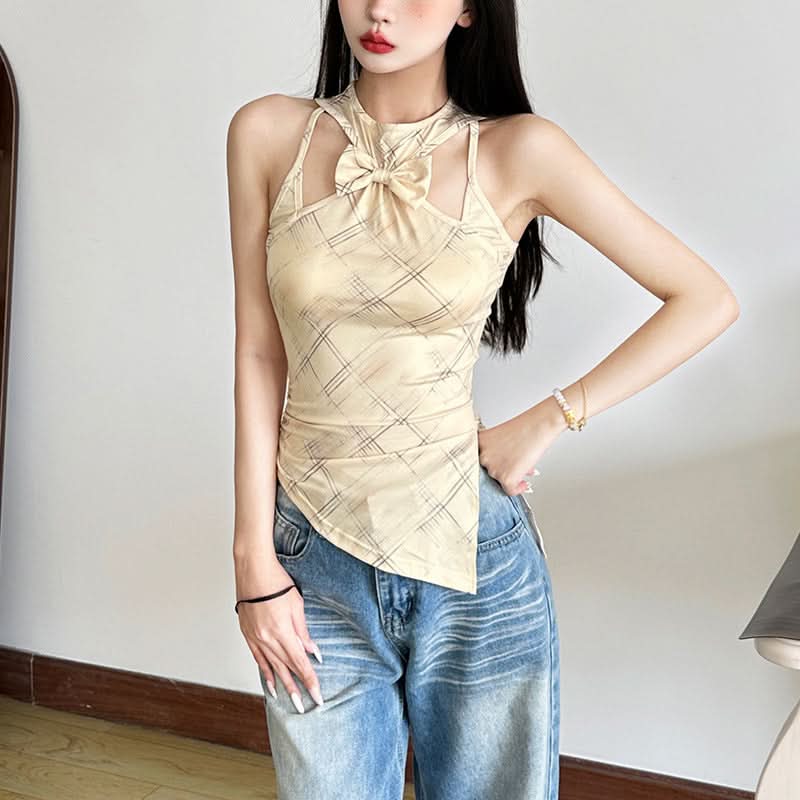 Modern Plaid Bowknot Cut-Out Tank Top - Chic Asymmetrical Fall Style for Women