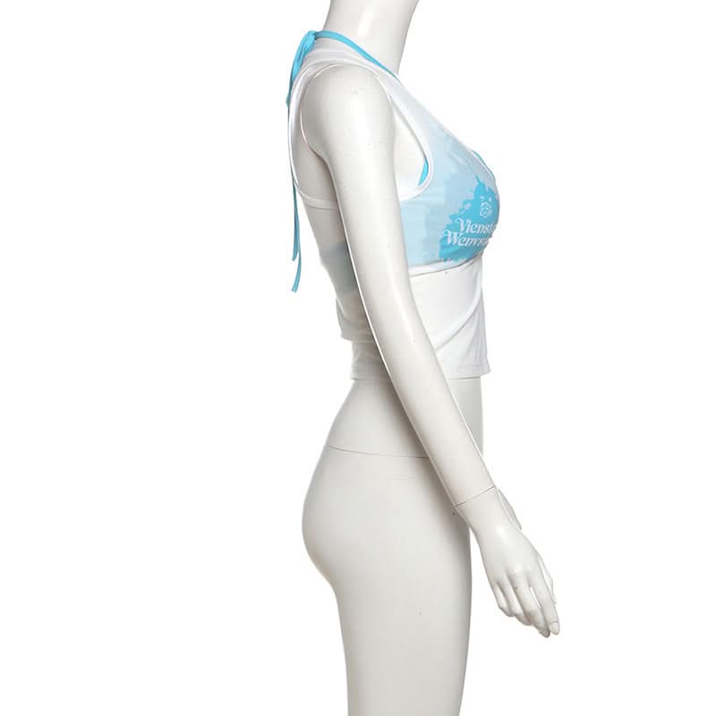 Y2K Vibes Sheer Graphic Crop Top & Halter Bralette Set – Trendy 2-Piece Fall Essential