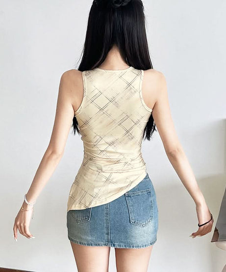 Modern Plaid Bowknot Cut-Out Tank Top - Chic Asymmetrical Fall Style for Women