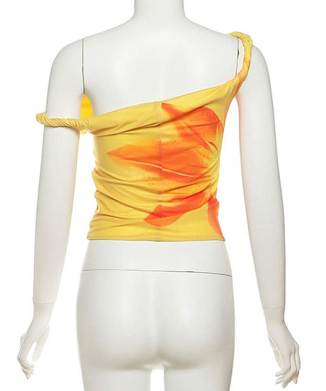 Vibrant Yellow Floral One-Shoulder Top for Women – Your Fall Getaway Essential