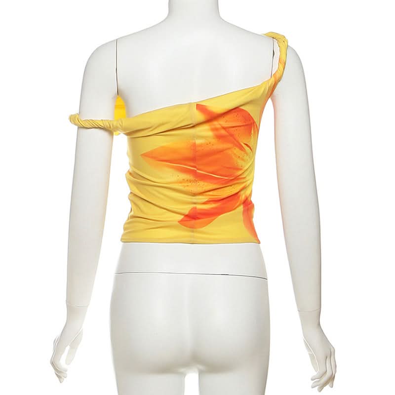 Vibrant Yellow Floral One-Shoulder Top for Women – Your Fall Getaway Essential