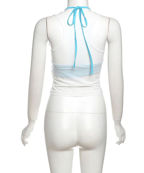 Y2K Vibes Sheer Graphic Crop Top & Halter Bralette Set – Trendy 2-Piece Fall Essential