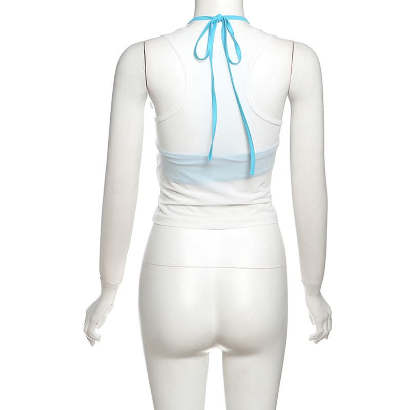 Y2K Vibes Sheer Graphic Crop Top & Halter Bralette Set – Trendy 2-Piece Fall Essential