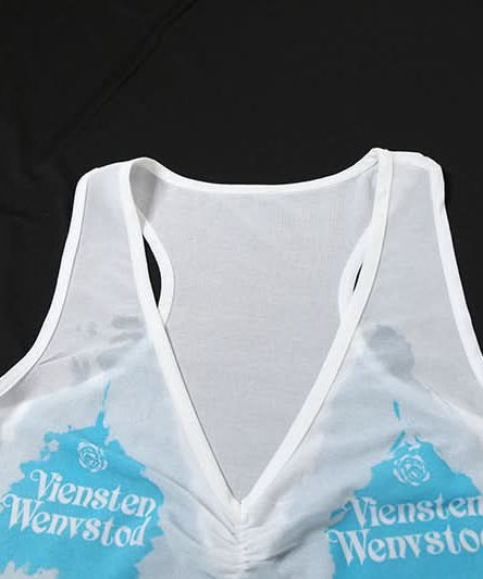 Y2K Vibes Sheer Graphic Crop Top & Halter Bralette Set – Trendy 2-Piece Fall Essential