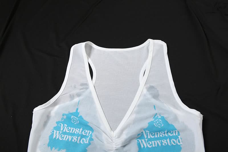 Y2K Vibes Sheer Graphic Crop Top & Halter Bralette Set – Trendy 2-Piece Fall Essential