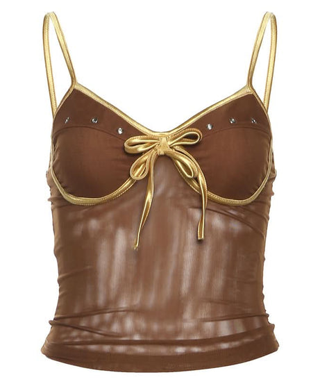 Chocolate Mesh Glam Cami Top with Gold Bow & Rhinestones – Fall Party Ready!
