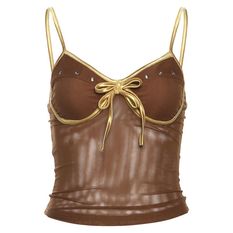 Chocolate Mesh Glam Cami Top with Gold Bow & Rhinestones – Fall Party Ready!
