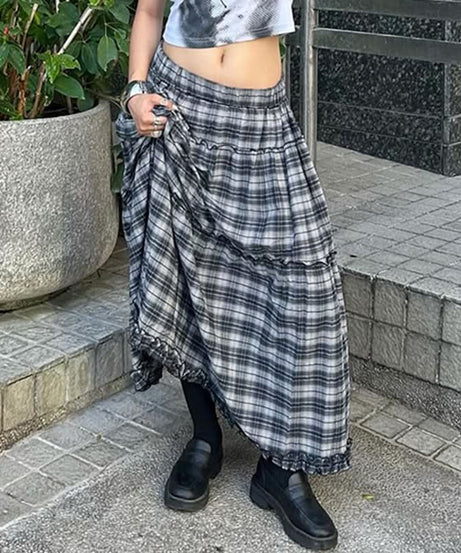 Autumn Grunge Plaid Maxi Skirt - Ruffle Tiered Flowy Fall Fashion
