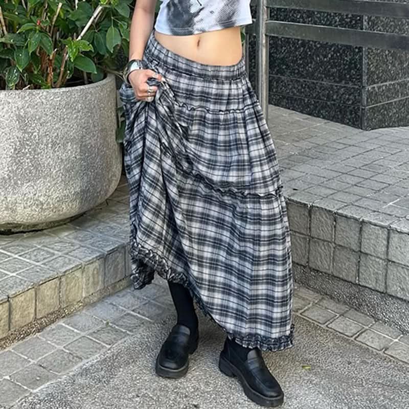 Autumn Grunge Plaid Maxi Skirt - Ruffle Tiered Flowy Fall Fashion
