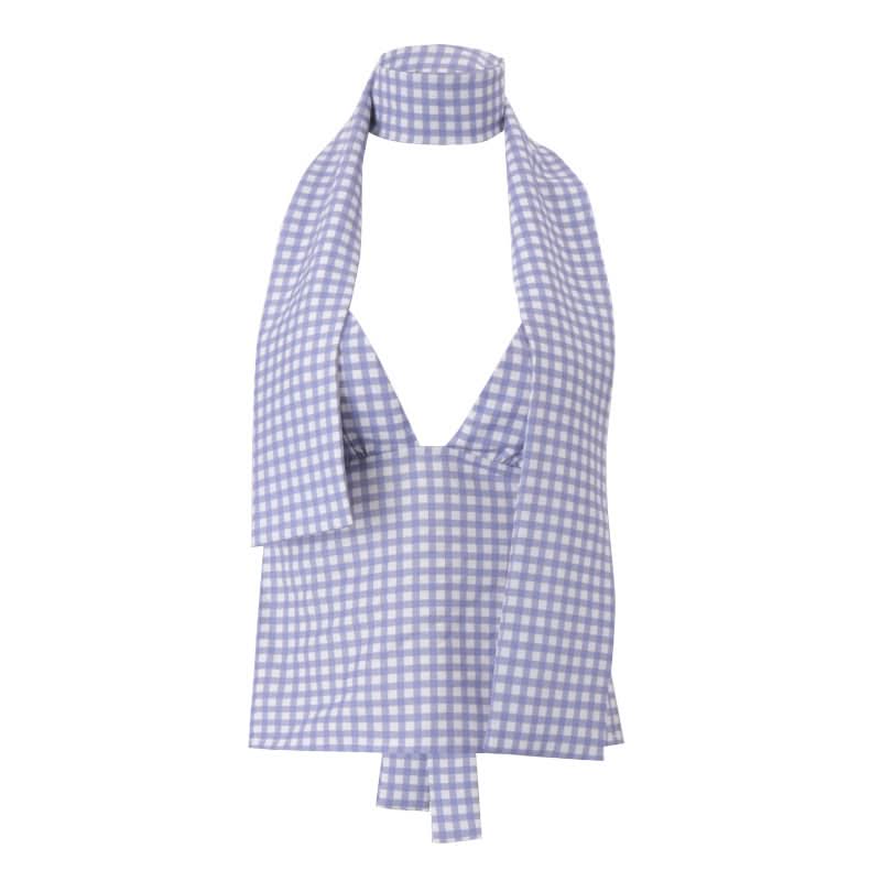Chic Lavender Gingham Halter Top | Knotted Backless for Effortless Fall Getaways & Resort Style