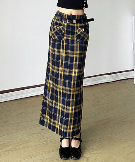 Chic Fall Plaid Maxi Skirt for Women | Statement Pockets & Belt