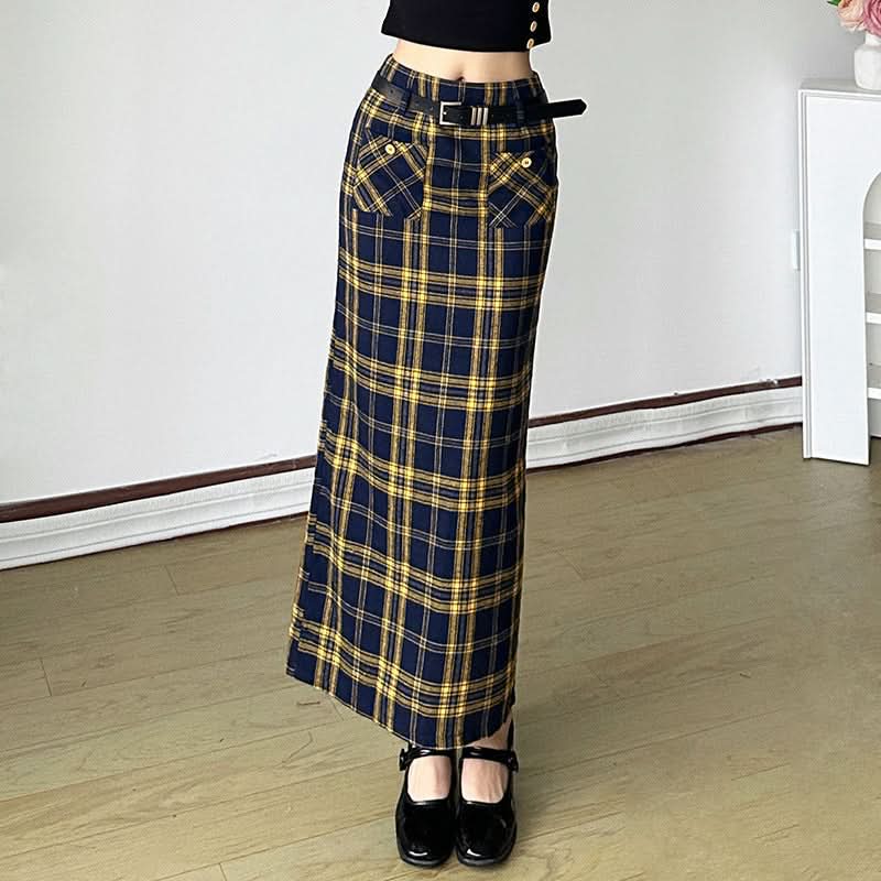 Chic Fall Plaid Maxi Skirt for Women | Statement Pockets & Belt