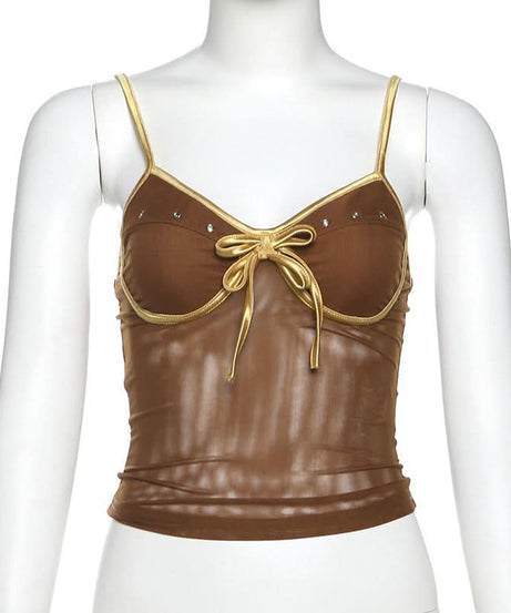 Chocolate Mesh Glam Cami Top with Gold Bow & Rhinestones – Fall Party Ready!