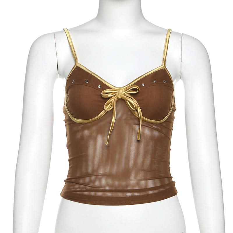 Chocolate Mesh Glam Cami Top with Gold Bow & Rhinestones – Fall Party Ready!