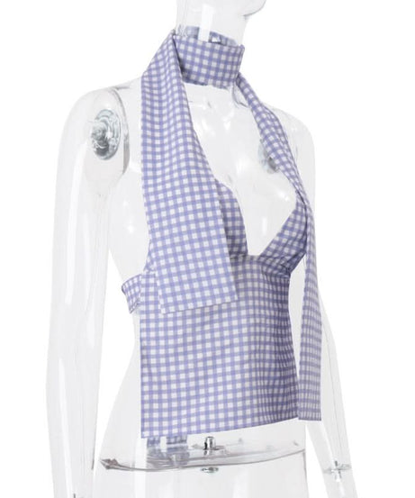 Chic Lavender Gingham Halter Top | Knotted Backless for Effortless Fall Getaways & Resort Style