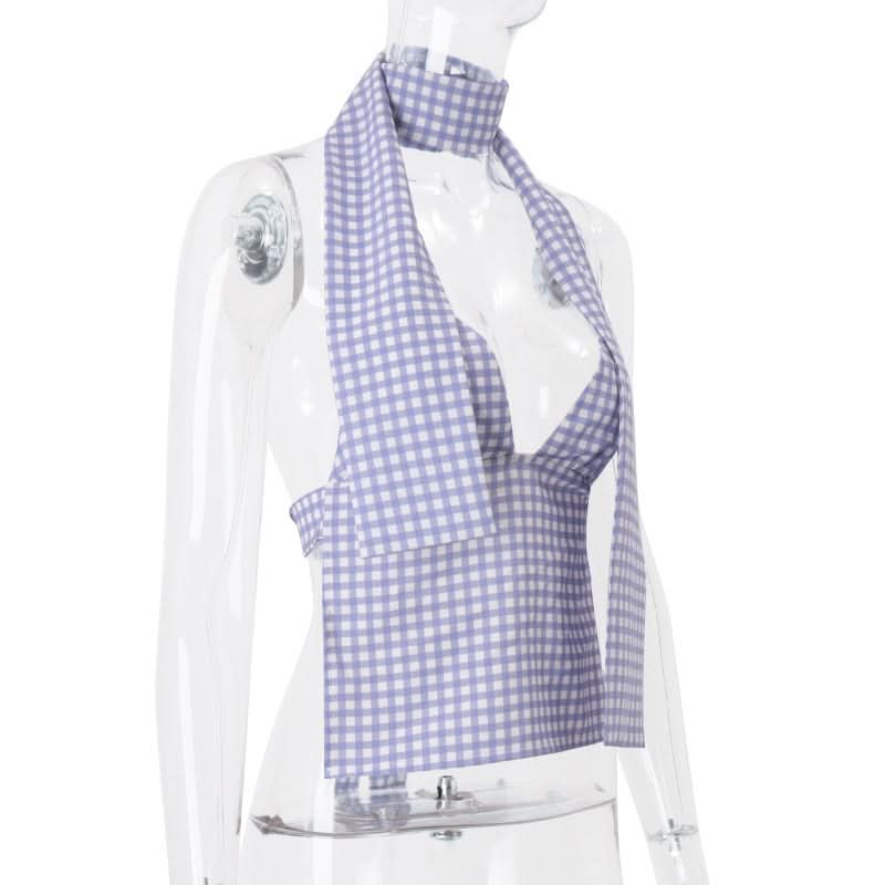 Chic Lavender Gingham Halter Top | Knotted Backless for Effortless Fall Getaways & Resort Style