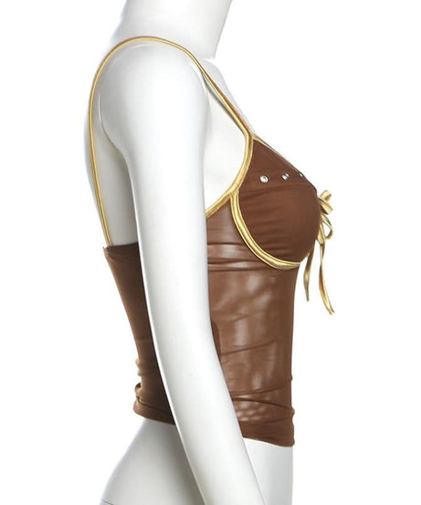 Chocolate Mesh Glam Cami Top with Gold Bow & Rhinestones – Fall Party Ready!