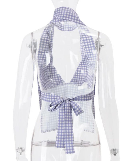 Chic Lavender Gingham Halter Top | Knotted Backless for Effortless Fall Getaways & Resort Style