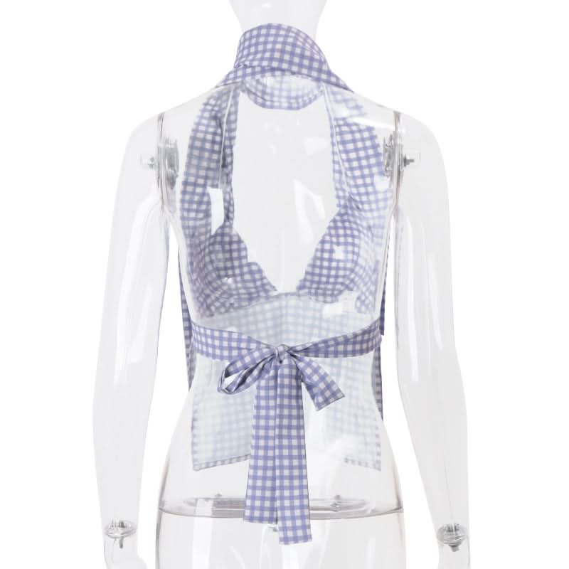 Chic Lavender Gingham Halter Top | Knotted Backless for Effortless Fall Getaways & Resort Style