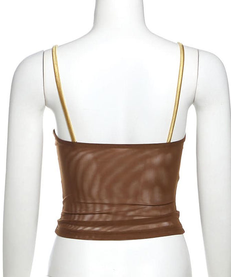 Chocolate Mesh Glam Cami Top with Gold Bow & Rhinestones – Fall Party Ready!