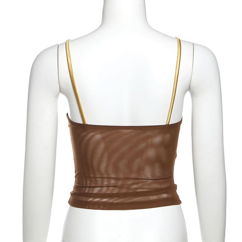 Chocolate Mesh Glam Cami Top with Gold Bow & Rhinestones – Fall Party Ready!