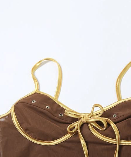 Chocolate Mesh Glam Cami Top with Gold Bow & Rhinestones – Fall Party Ready!