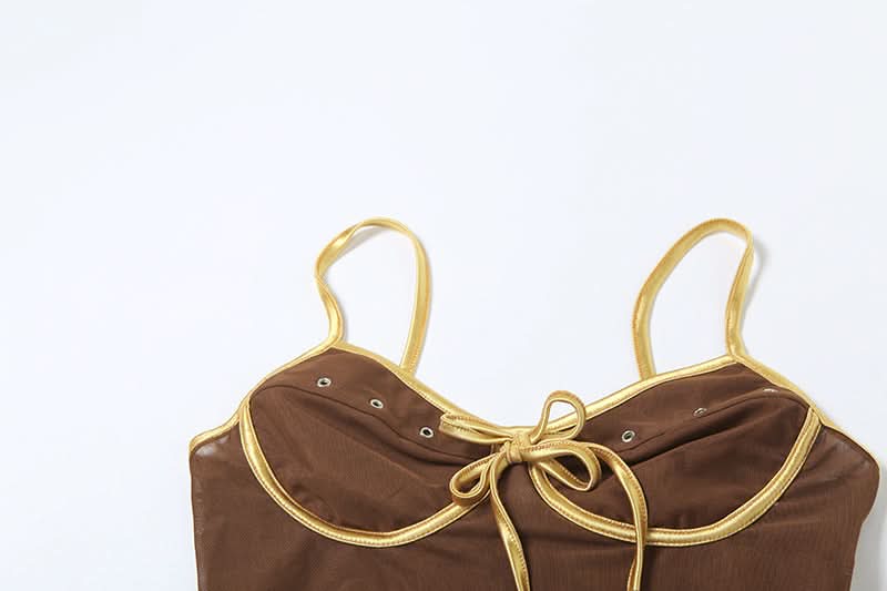 Chocolate Mesh Glam Cami Top with Gold Bow & Rhinestones – Fall Party Ready!