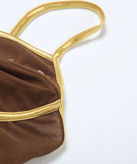 Chocolate Mesh Glam Cami Top with Gold Bow & Rhinestones – Fall Party Ready!