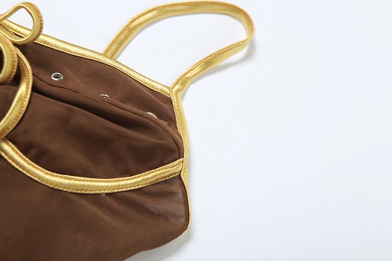 Chocolate Mesh Glam Cami Top with Gold Bow & Rhinestones – Fall Party Ready!