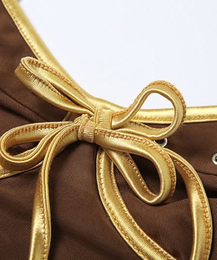 Chocolate Mesh Glam Cami Top with Gold Bow & Rhinestones – Fall Party Ready!