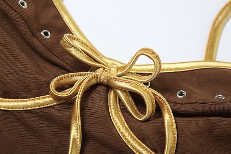 Chocolate Mesh Glam Cami Top with Gold Bow & Rhinestones – Fall Party Ready!