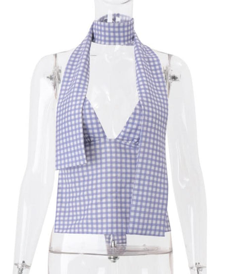 Chic Lavender Gingham Halter Top | Knotted Backless for Effortless Fall Getaways & Resort Style