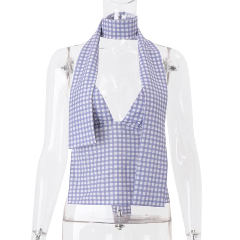Chic Lavender Gingham Halter Top | Knotted Backless for Effortless Fall Getaways & Resort Style