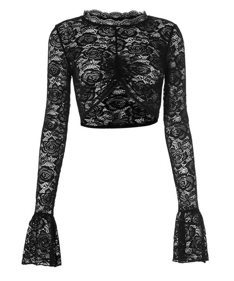 Gothic Romance Black Lace Bell Sleeve Crop Top | Mock Neck Fall Party & Halloween Essential